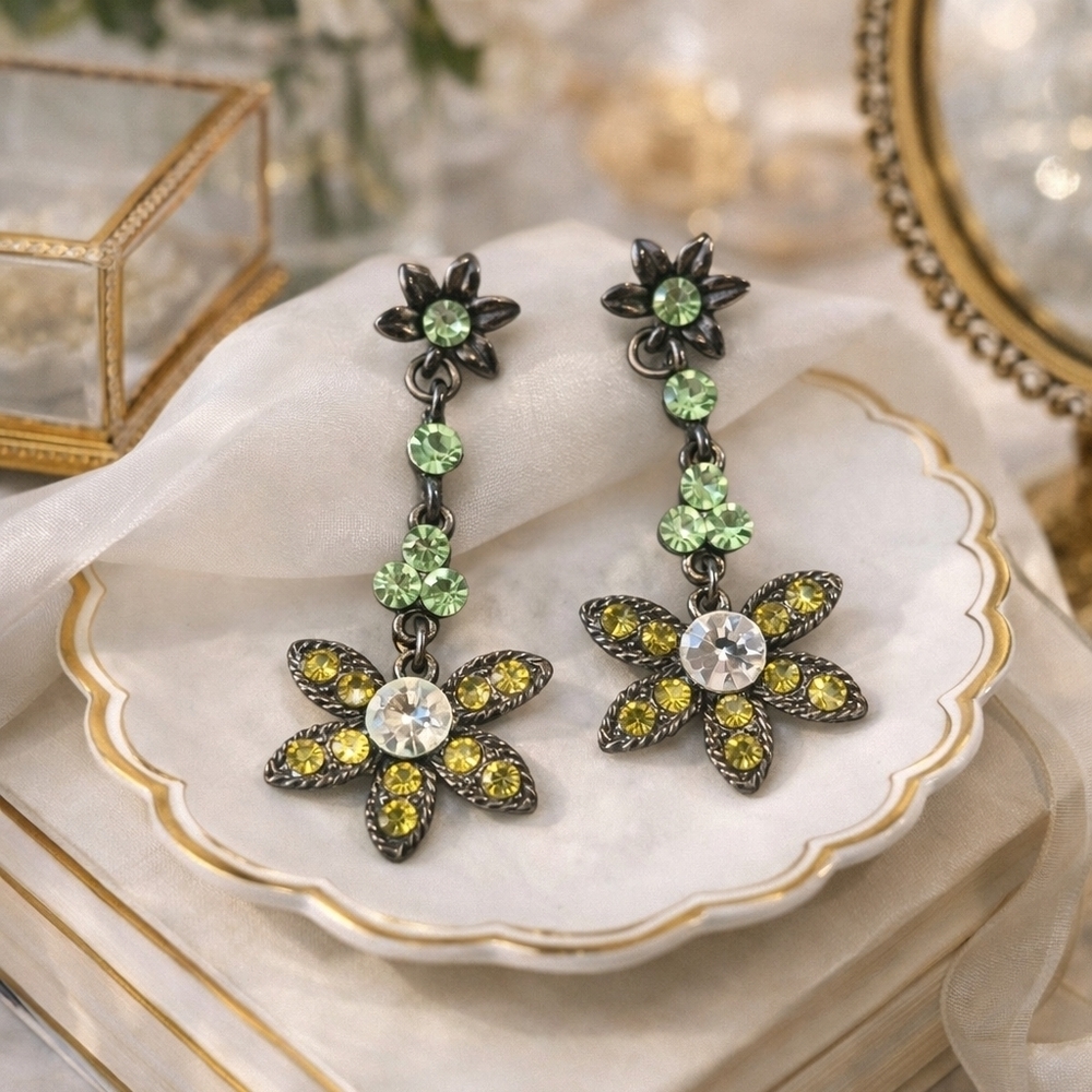 VINTAGE PEWTER Drop earrings with green and yellow crystals.
